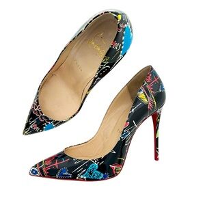 Christian Louboutin Black Patent Graffiti Print Pointed-Toe Pumps